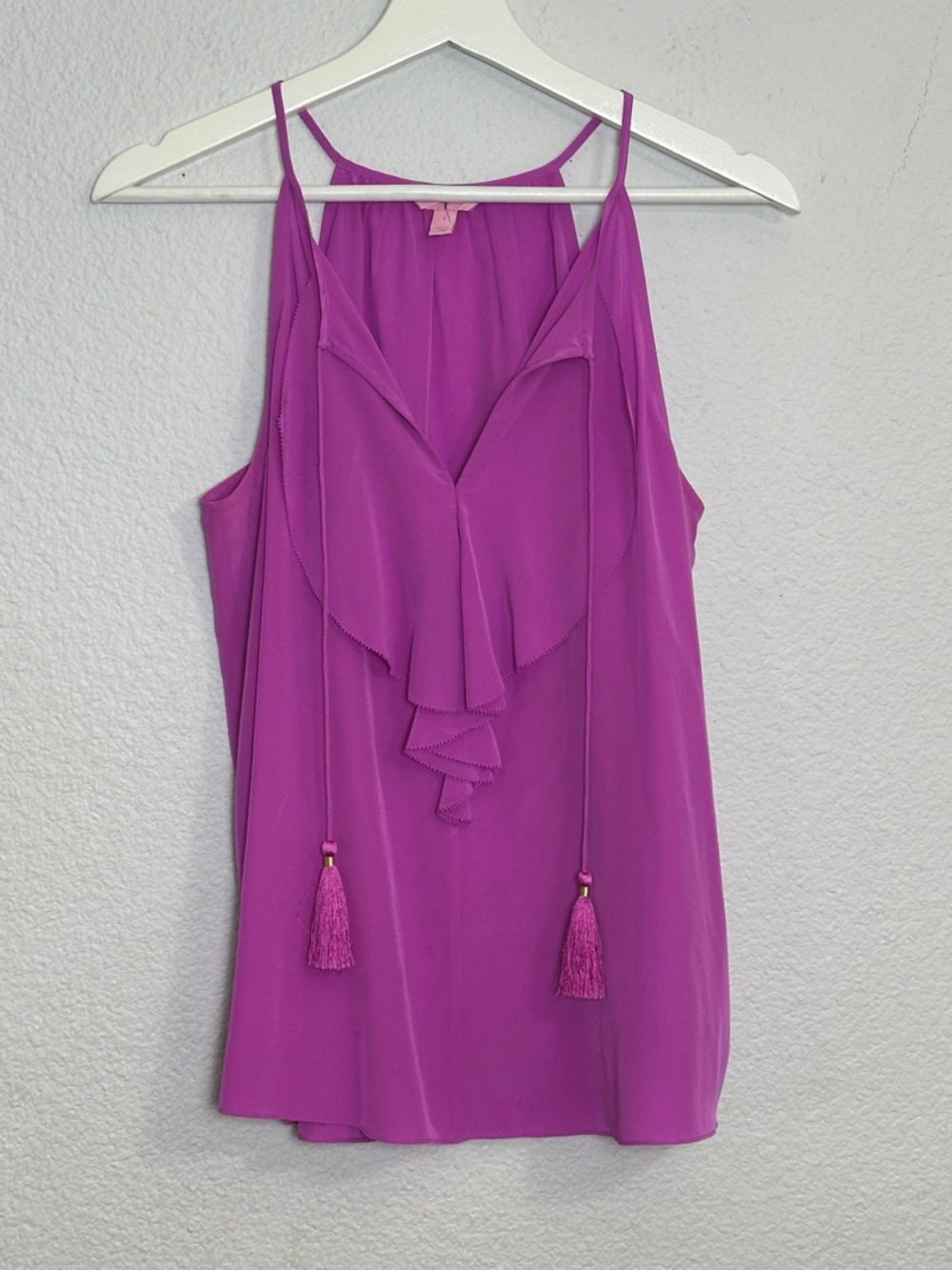 Lilly Pulitzer Lachelle Top Silk Tassels Ruffles Purple V Neck Sleeveless Small